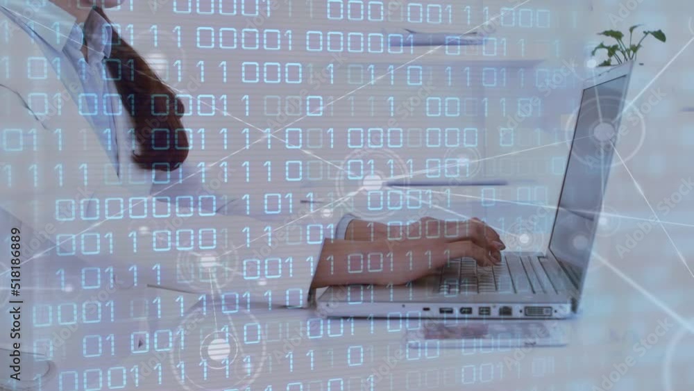 Poster animation of data processing and network of connections over caucasian businesswoman using laptop