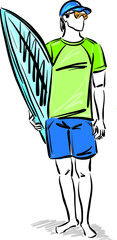 man guy surfer with surf board stand up vector illustration