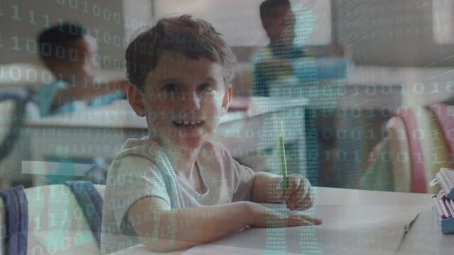 Animation of data processing over diverse schoolchildren in classroom