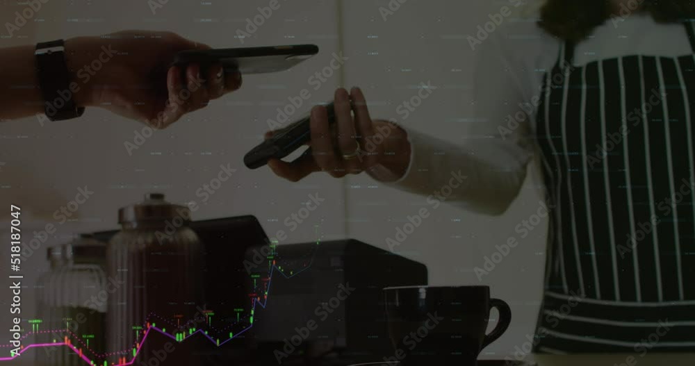 Poster animation of data processing with graph over diverse people paying with smartphone