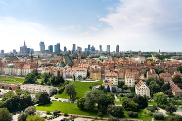 Fototapeta na wymiar Aerial view of Warsaw's Old Town, which was completely destroyed during the World War II and later restored to its prewar appearance.