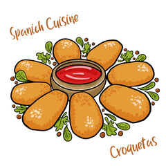 Traditional fried Spanish croquetas (croquettes) with ketchup on white background