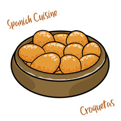 Traditional fried Spanish croquetas (croquettes) with ketchup on white background