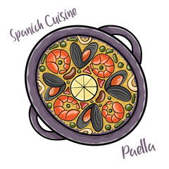 Paella. Traditional spanish food, seafood paella in the fry pan with mussels, king prawns, langoustine and squids.
