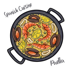 Paella. Traditional spanish food, seafood paella in the fry pan with mussels, king prawns, langoustine and squids.