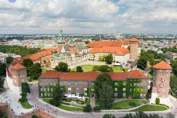 Fototapeta na wymiar Aerial view of The Wawel Royal Castle, a castle residency located in central Krakow, Poland