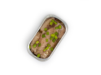 Open canned fish on a light background