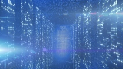 Animation of light trails over moving columns on black background - Powered by Adobe