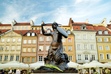 The Statue of Mermaid of Warsaw, a symbol of Polish capital, located in the center of the Old Town Market Square. © MNStudio