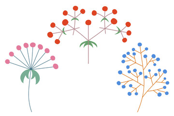 Vector set of flower inflorescences of plants on the stem. Flat style.