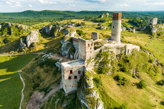 Aerial view of Castle in Olsztyn, one of the most well-known and picturesque remnants of the legendary complex of castles which had once towered over the Cracow-Czestochowa Upland