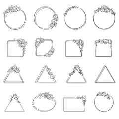 Set of elegant floral logo elements. Frame corners and branch. Boho Hand drawn