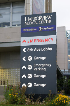 Seattle - July 17, 2022; Sign For Harborview Medical Center Trauma One Hospital In Seattle