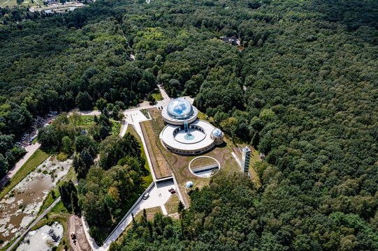 Aerial drone on planetarium in Katowice, Silesia, Poland