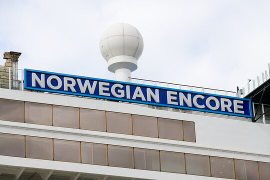 Seattle - July 17, 2022; NCL Cruise Ship Norwegian Encore Nameplate In Blue And White