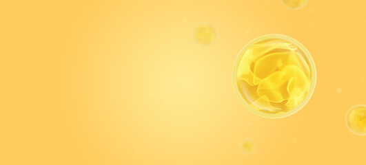 Vitamin C orange oil bubble serum background, golden beauty essence in skin care treatment. Chemical collagen liquid and nutrition healthy product 3d illustration