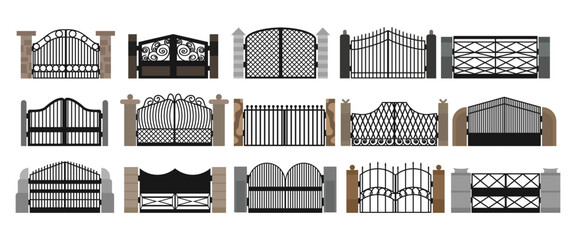 Gate with iron fence door and metal cartoon manor decoration. Front entrance from ironwork grid vector illustration. Old lattice wrought and classic frame ornament for park. Security steel structure