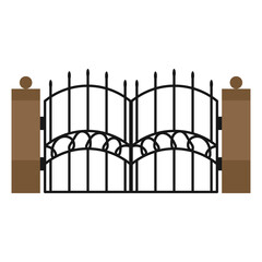 Gate with iron fence door and metal cartoon manor decoration. Front entrance from ironwork grid vector illustration. Old lattice wrought and classic frame ornament for park. Security steel structure