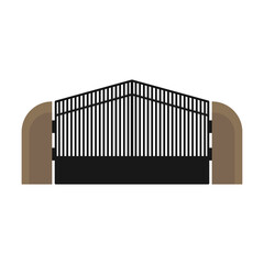 Gate with iron fence door and metal cartoon manor decoration. Front entrance from ironwork grid vector illustration. Old lattice wrought and classic frame ornament for park. Security steel structure