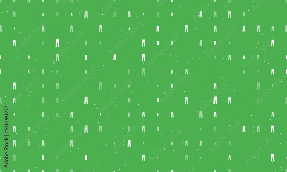 Poster Seamless background pattern of evenly spaced white pants symbols of different sizes and opacity. Vector illustration on green background with stars
