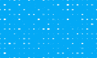 Seamless background pattern of evenly spaced white video camera symbols of different sizes and opacity. Vector illustration on light blue background with stars