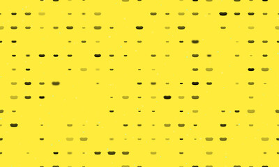 Seamless background pattern of evenly spaced black hotdog symbols of different sizes and opacity. Vector illustration on yellow background with stars