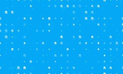 Seamless background pattern of evenly spaced white house symbols of different sizes and opacity. Vector illustration on light blue background with stars