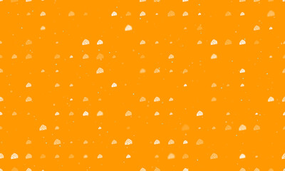 Seamless background pattern of evenly spaced white cheese symbols of different sizes and opacity. Vector illustration on orange background with stars
