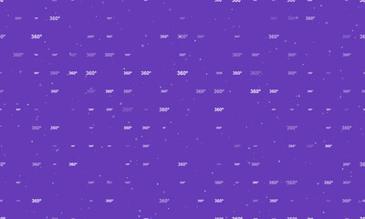 Seamless background pattern of evenly spaced white 360 degree symbols of different sizes and opacity. Vector illustration on deep purple background with stars