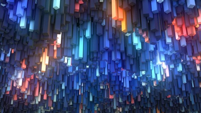 Animated neon background. Randomly moving puzzle, mosaic. 3d rendering. Musical wave surface  rectangles with light. Fire and ice. Stalactite. Screensaver for games, presentations, business, intro. 4k