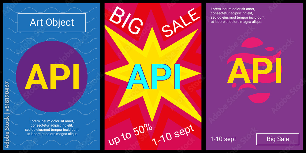 Poster trendy retro posters for organizing sales and other events. large api symbol in the center of each p