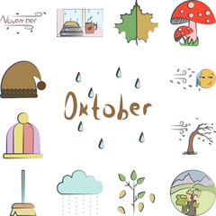 October rainy colored hand drawn icon in a collection with other items