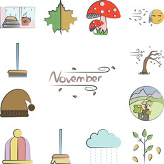 November windy colored hand drawn icon in a collection with other items