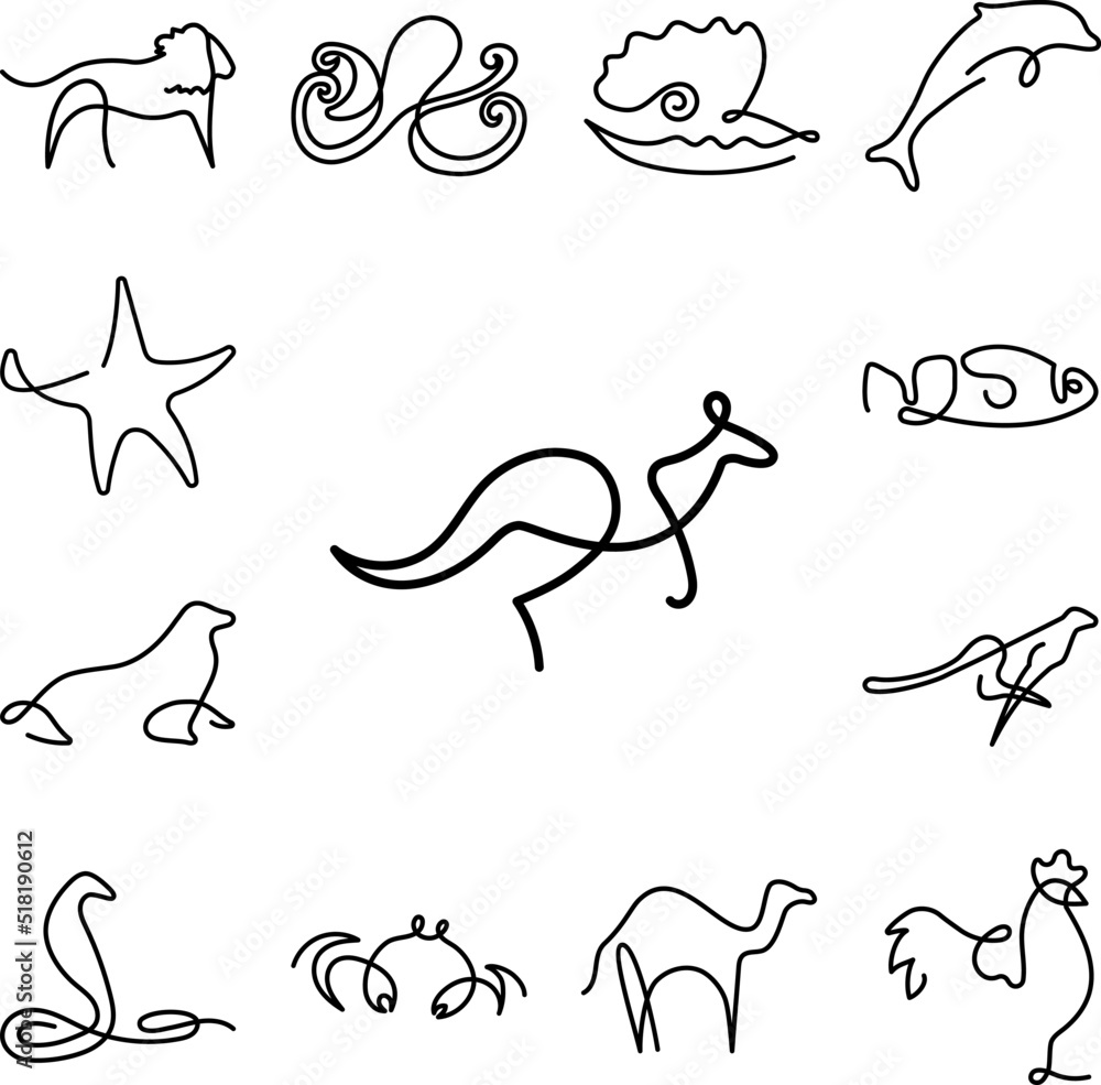 Poster kangaroo one line icon in a collection with other items
