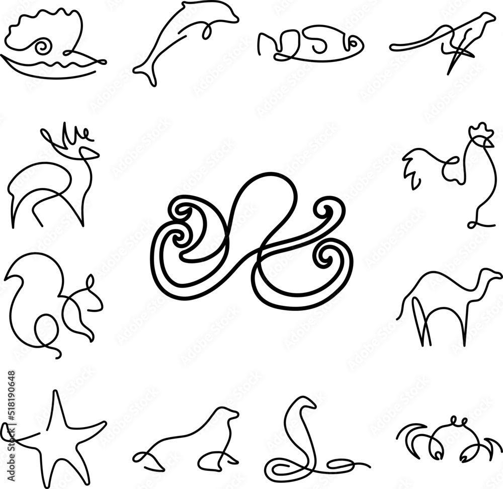 Poster octopus one line icon in a collection with other items