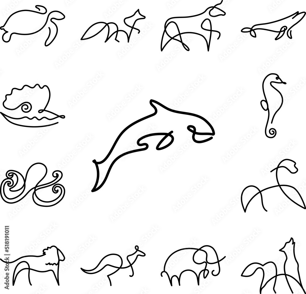 Poster whale one line icon in a collection with other items