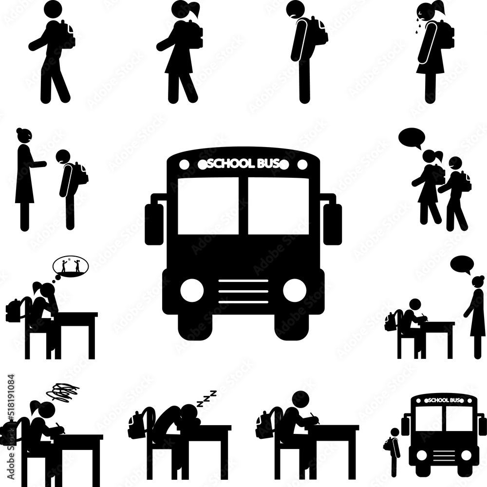 Poster school bus icon in a collection with other items