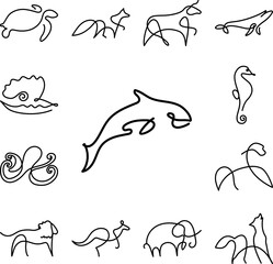 Whale one line icon in a collection with other items