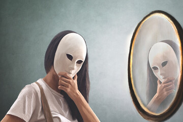 woman with mask looks in the mirror to see if she knows herself