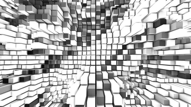 Animated halftone background for logo. Randomly moving puzzle, mosaic. 3d rendering. Musical wave of rectangles. Abstract сhessboard. Screensaver for games, presentations, business. 4k