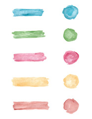 Colorful lines and circle watercolor painting set - hand drawn brush strokes isolated on white background