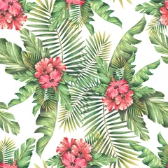  Red hibiscus flowers with tropical palm leaves on a white background. Watercolor illustration. Seamless pattern. For textiles, fabric, interior, wallpaper, cover, paper, clothing, beach and summer. © NATASHA-CHU