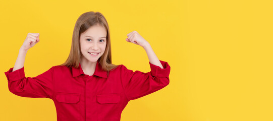 glad teen girl with cute face on yellow background. Child face, horizontal poster, teenager girl isolated portrait, banner with copy space.