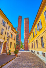 Medieval Towers on Piazza Leonardo da Vinci in Pavia, Italy