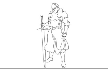 Fototapeta na wymiar One continuous line.Medieval knight. Fantasy hero in heavy armor. Warrior in combat attire.One continuous line is drawn on a white background.