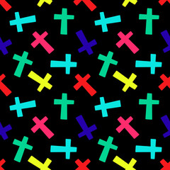 Seamless pattern with colorful crosses on a black background. Vector illustration