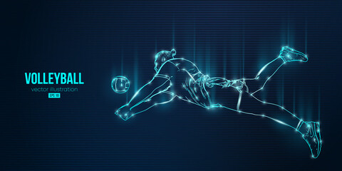 Plakat Abstract silhouette of a volleyball player on blue background. Volleyball player man hits the ball. Vector illustration