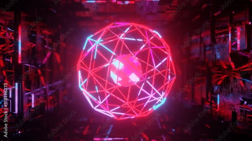 Poster 3d object or structure rotates and moves inside glass mirror tunnel with neon light, bright reflecti