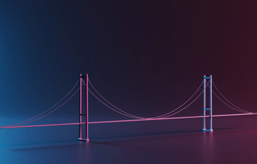 Bridge on a dark background. Model of a suspension bridge on a dark background. 3D render, 3D illustration.