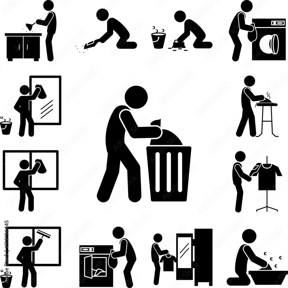 Poster man garbage, throwing icon in a collection with other items